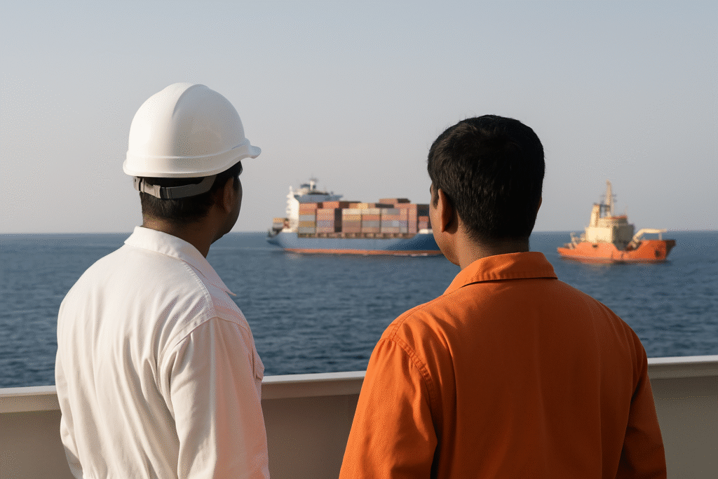 An Indian seafarer in an orange uniform and white hard hat stands on the deck of a coastal vessel, gazing at a large foreign cargo ship loaded with colorful containers sailing nearby on calm blue waters.